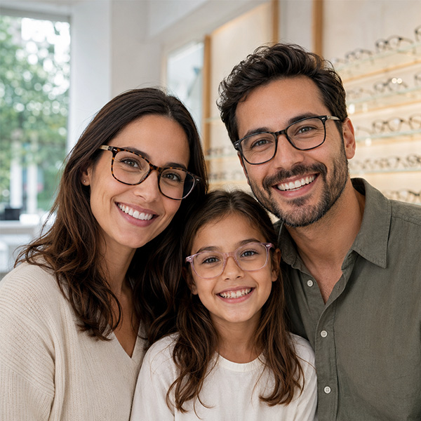 Família reunida usando óculos, como imagem temporária da campanha de convênios