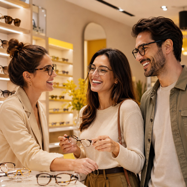 Pessoas sorrindo em atendimento na Ótica Yelloovi