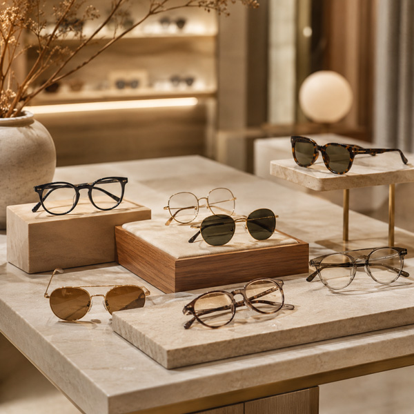 Vitrine com óculos e armações selecionadas na Ótica Yelloovi